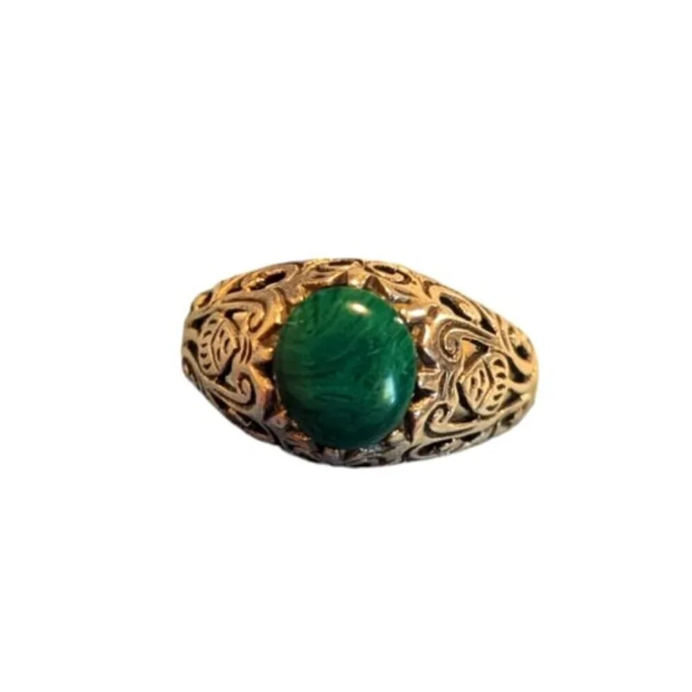 Malachite Sterling Silver Ring Filigree 925‎ Openwork Victorian Edwardian Estate
